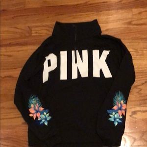 Pink black crew neck with leaves on sleeve